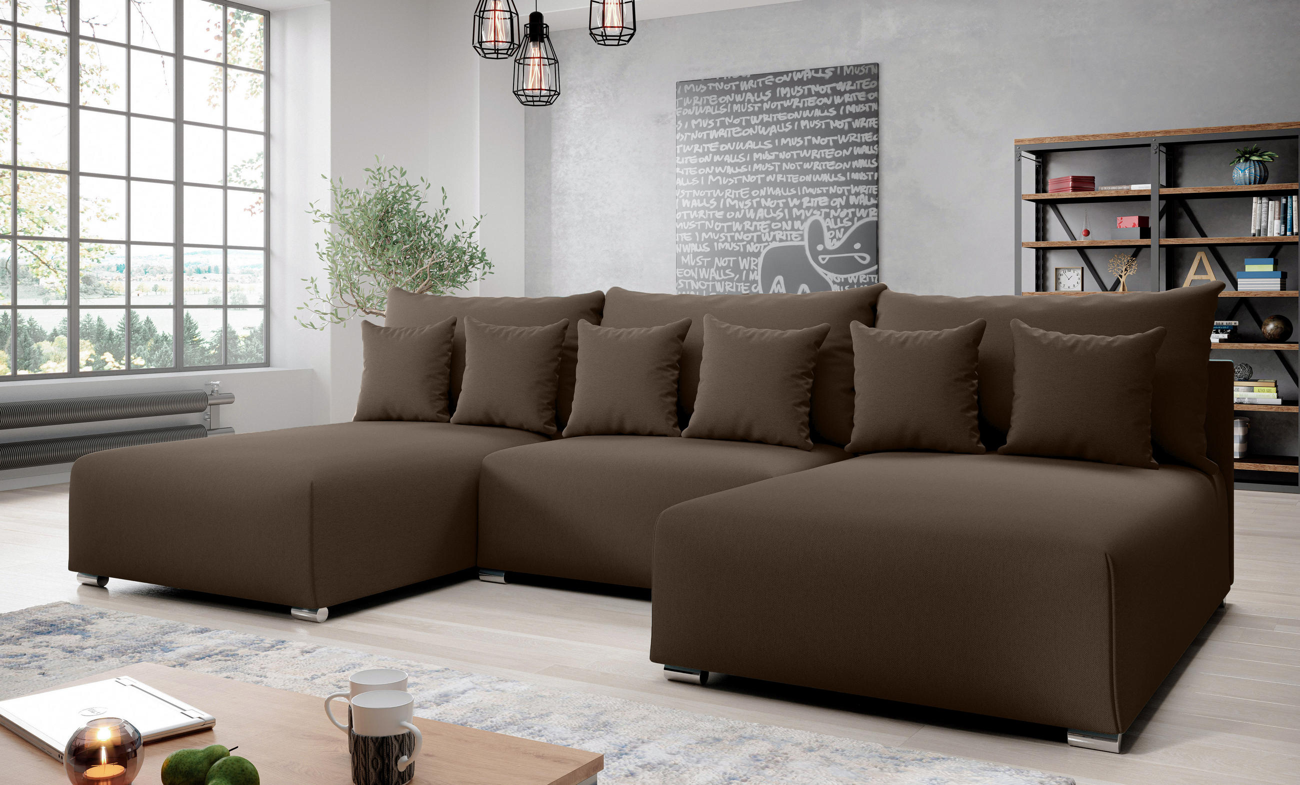 WOHNLANDSCHAFT Ederra U Braun Stoff 300/190/91 cm – großes Sofa mit Schlaffunktion - Silberfarben/Braun, Textil/Metall (300/91/190cm) - AX Living