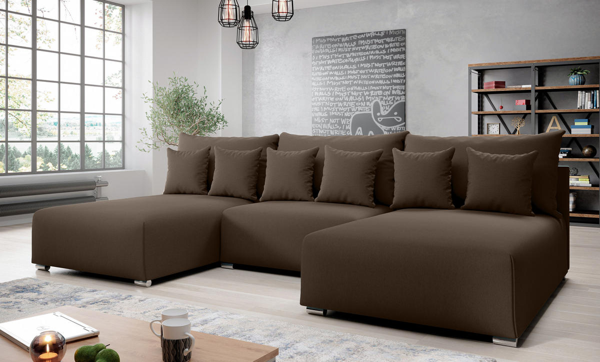 WOHNLANDSCHAFT Ederra U Braun Stoff 300/190/91 cm – großes Sofa mit Schlaffunktion - Silberfarben/Braun, Textil/Metall (300/91/190cm) - AX Living