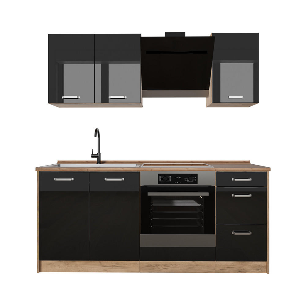 Vicco Singleküche Schwarz Hochglanz, Honigeiche 180x206.8x46 cm