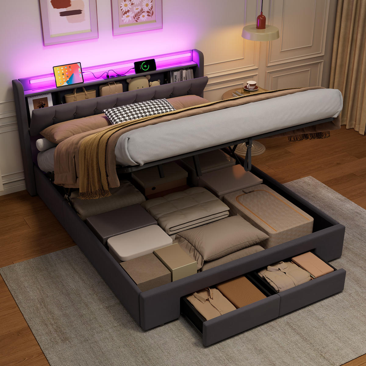 POLSTERBETT 160x200 cm mit Bettkasten und Schubladen,mit LED-Beleuchtung,Grau - Grau, Holzwerkstoff/Textil (160/200cm) - EVRYAE