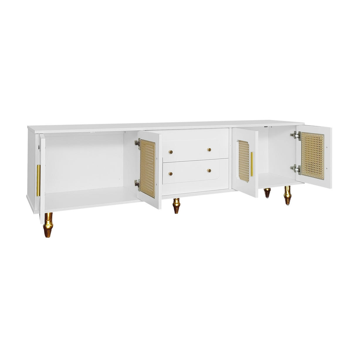 TV ormarić 175/38/55,5 cm bijeli od iverice s PVC vratima od ratana i ladicama na pritisak - bijela, drvni materijal (175/55.5/38cm) - OKWISH