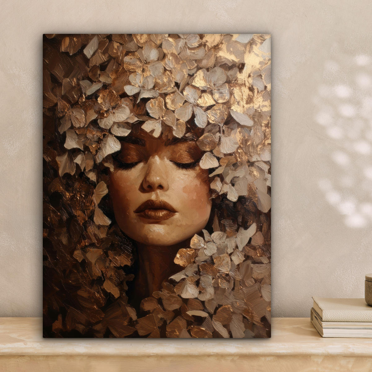 LEINWANDBILD Gesicht - Dame - Blätter - Pinselstriche Room Decor 30x40 cm - Goldfarben, Textil (30/40cm) - MuchoWow