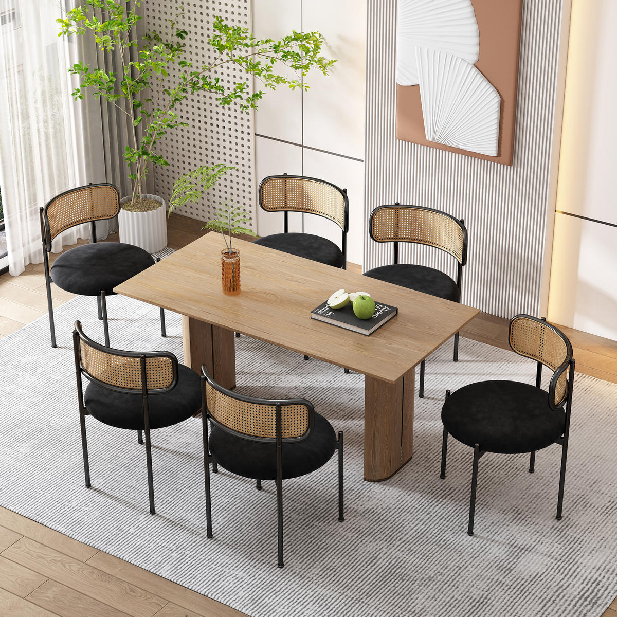 ESSZIMMERSTUHL 4er Set Samt Schwarz Metallbeine Rattan - Schwarz, Textil (51/75/50cm) - FLIEKS