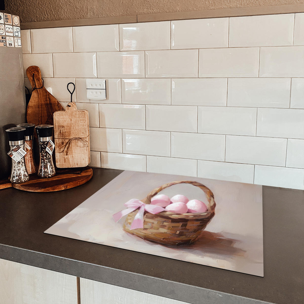 HERDABDECKPLATTE Korb - Eier - Rosa Abdeckung Ceranfeld 58.3x51.3 cm - Beige, Kunststoff (58.3/51.3/0.2cm) - MuchoWow