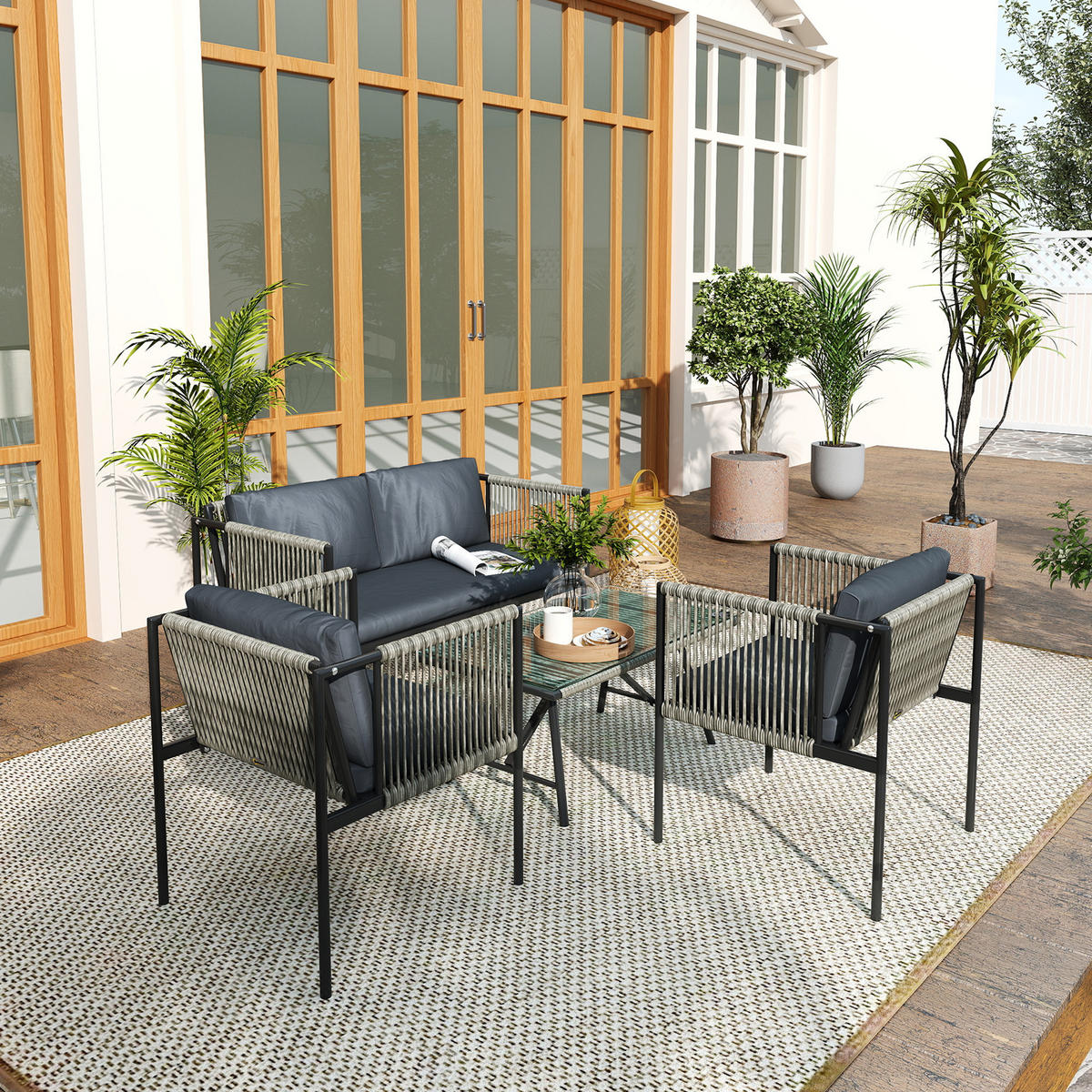 GARTENMÖBEL-SET DE-06725 4-teilig mit Glasplatte Grau - Grau, Kunststoff/Metall - ComfortXL