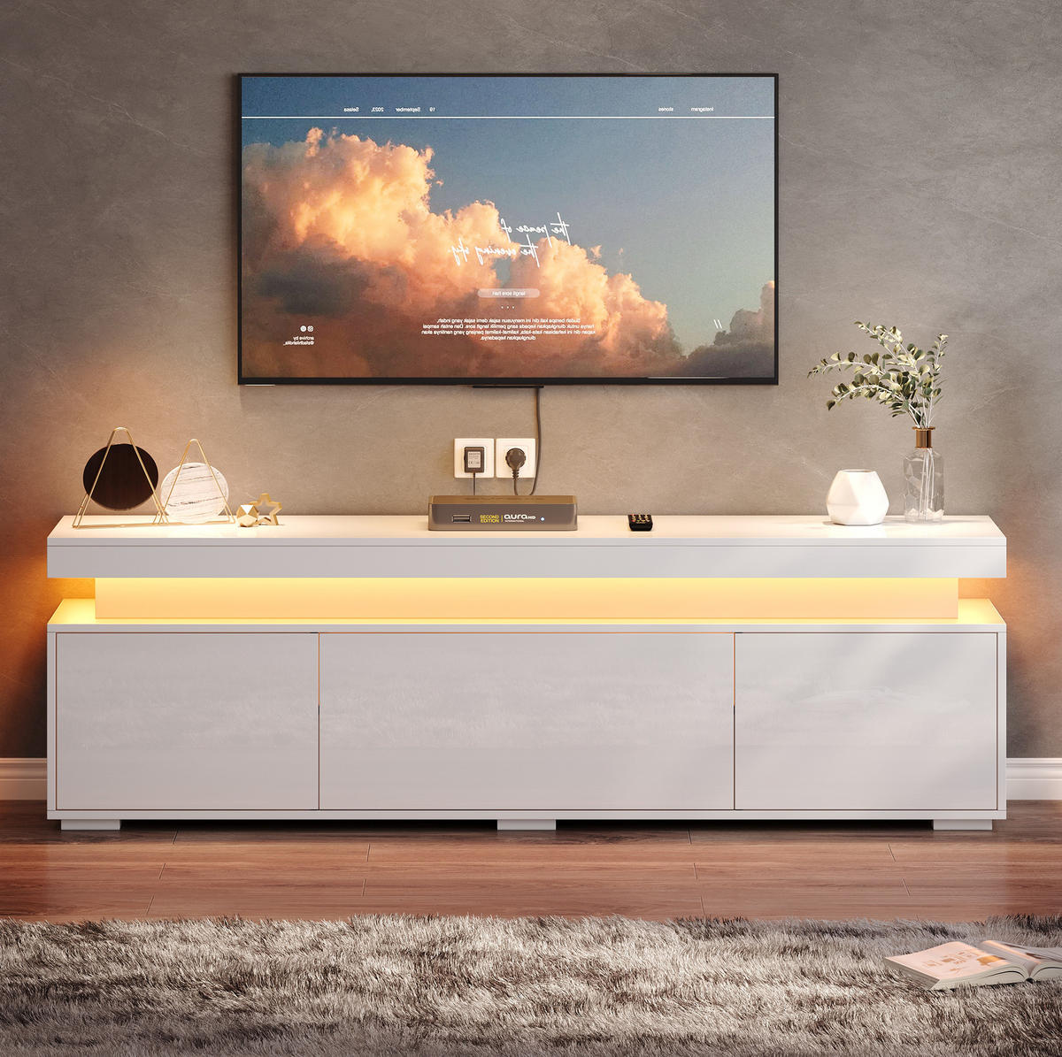 TV stolek z dřevotřísky 150x35x43 cm bílý s LED osvětlením, 3 dvířky a 4 přihrádkami - bílá, kompozitní dřevo (150/43/35cm) - Modfu