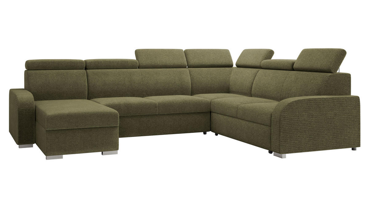 WOHNLANDSCHAFT Oslo 2rR2pLC - Silberfarben/Grün, Holz/Kunststoff (315/85/250cm) - MIRJAN24