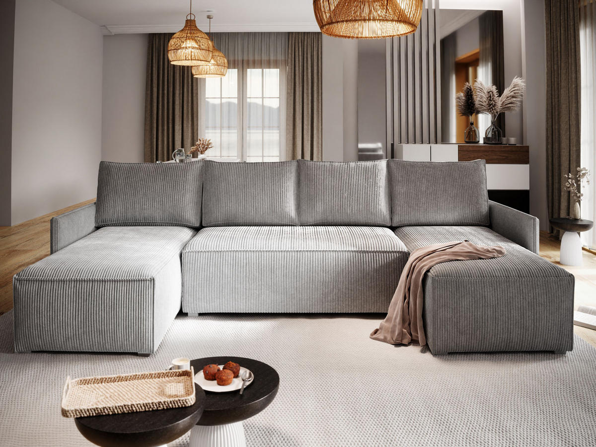 WOHNLANDSCHAFT TRES Graphitfarben Kordstoff mit Schlaffunktion - Graphitfarben, Holz (271/85/140cm) - MASSENO