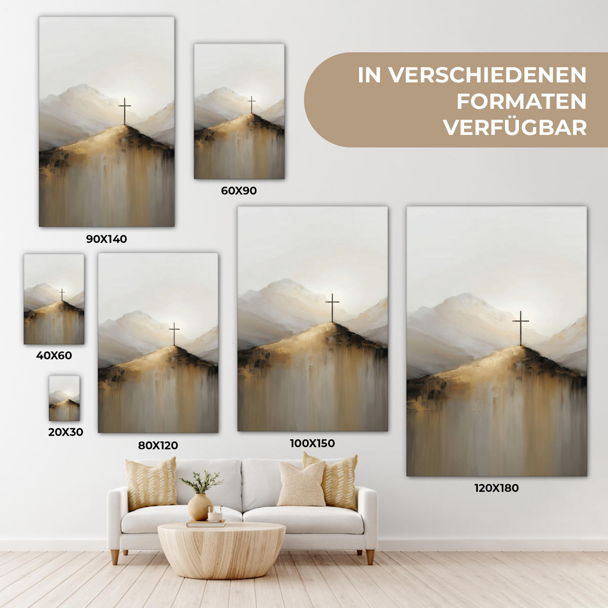 LEINWANDBILD Hügel - Abstrakt - Kreuz - Christentum Deko XXL 80x120 cm - Beige, Textil (80/120cm) - MuchoWow