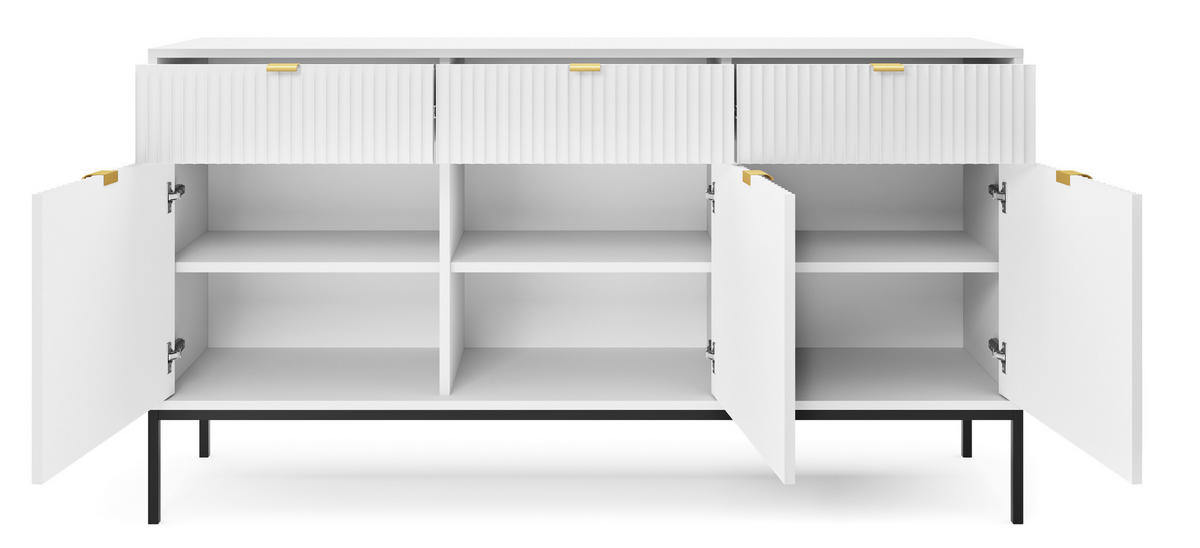 KOMMODE NOVA - KSZ154, Geriffelte Fronten, goldene Griffe 154x39x83 cm Weiß - Schwarz/Weiß, Holzwerkstoff/Kunststoff (154/83/39cm) - DomoHome