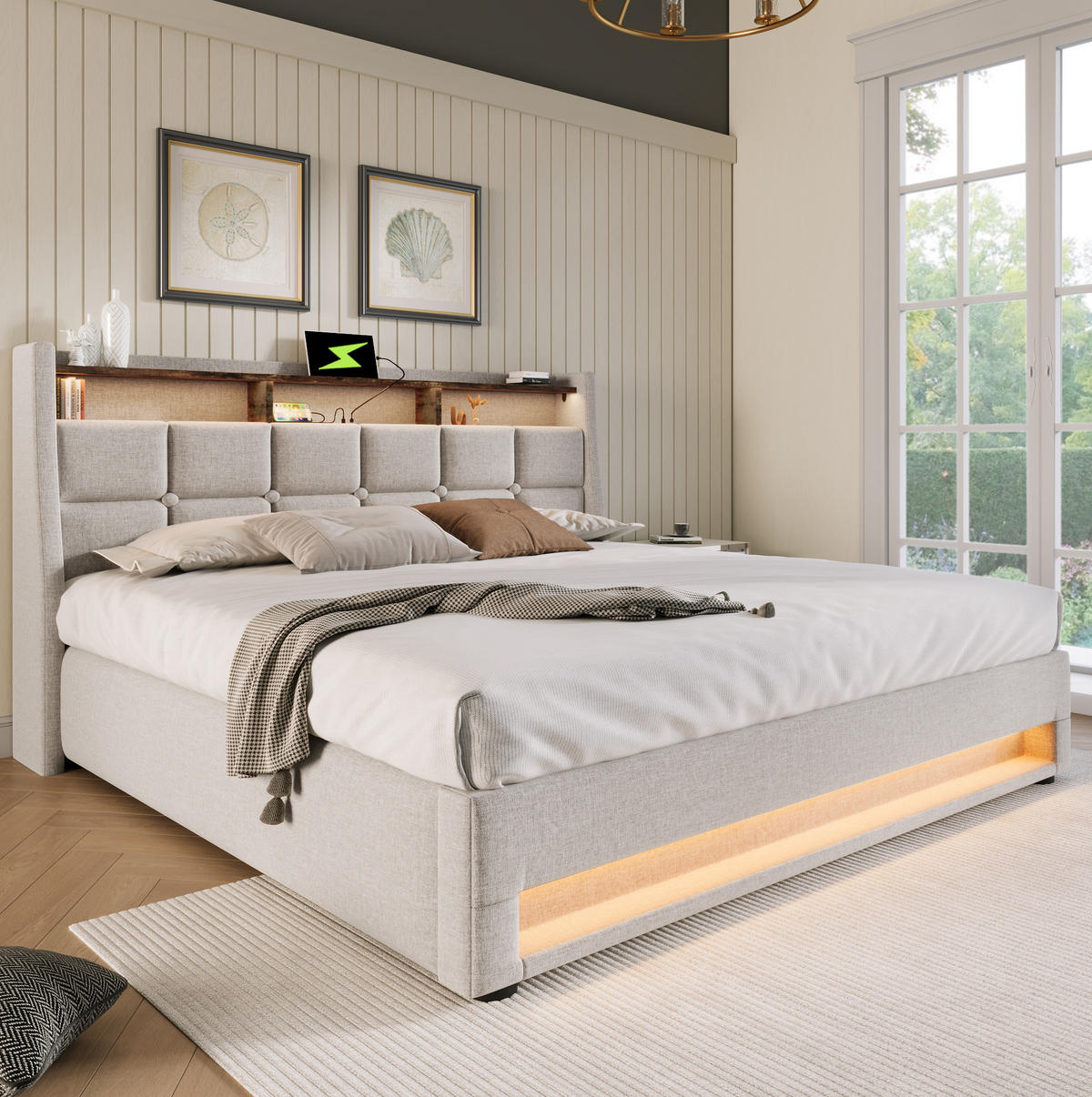 BETT mit Stauraum und USB 140x200 cm Leinen Beige - Beige, Metall (140/200cm) - Meubliv