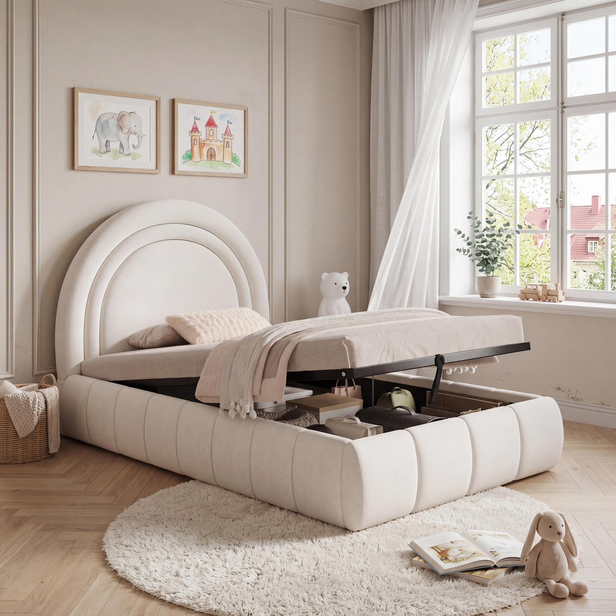 KINDERBETT Beige Samt 90x200 Hydraulik Stauraum Lattenrost - Beige, Textil (90/200cm) - FLIEKS