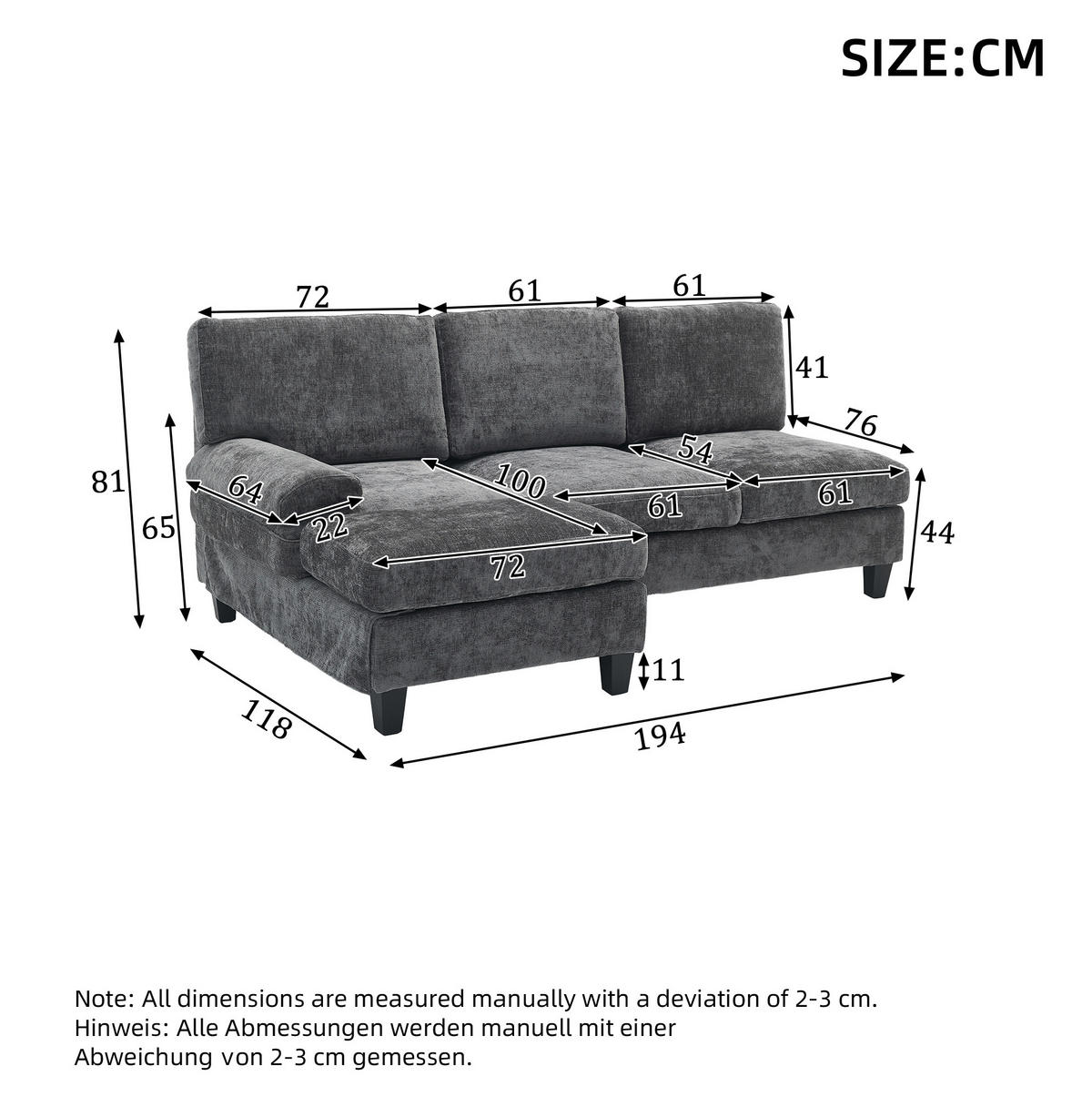 ECKSOFA L-Form, Stoff mit Schlaffunktion, 194/118/81 cm, Grau - Grau, Textil (118/194cm) - Redom