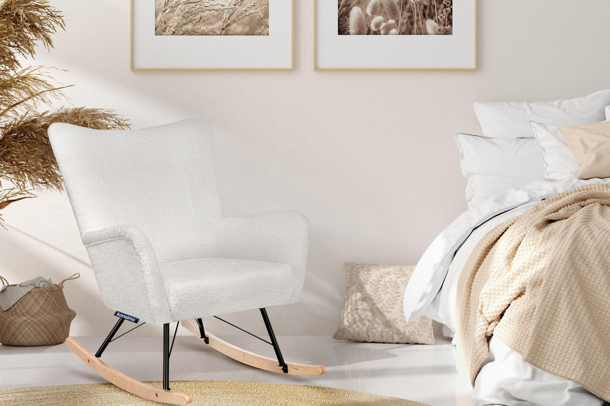 SCHAUKELSESSEL ADDUCTI breiter Sitz für mehr Komfort, Cremeweiß - Eichefarben/Creme, Holz/Textil (75/94/112cm) - KONSIMO®