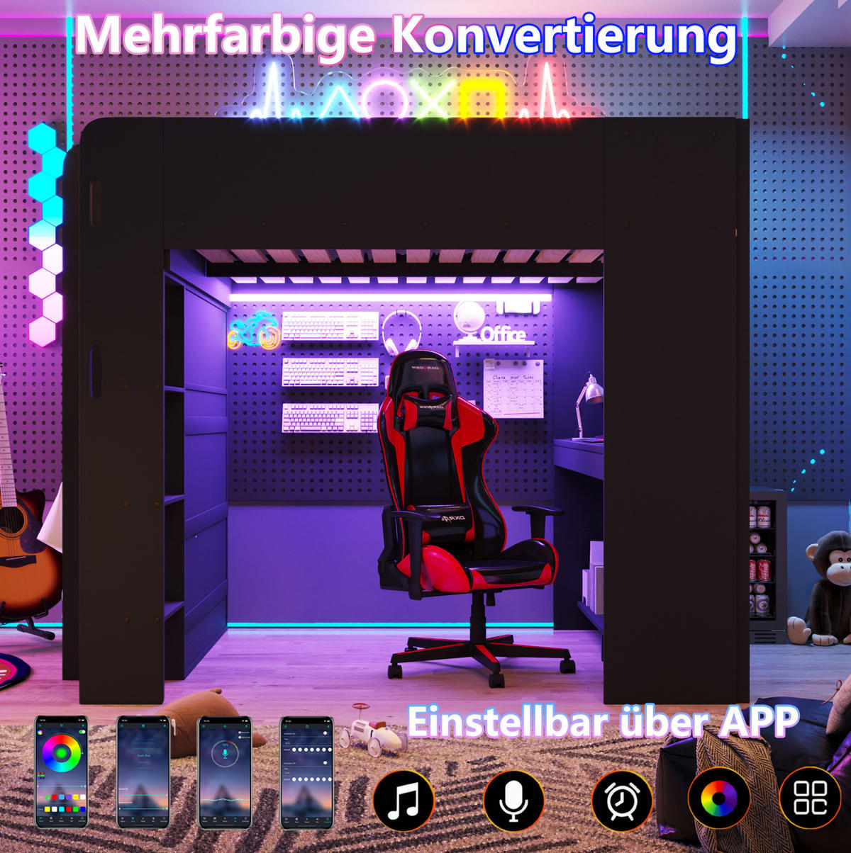HOCHBETT aus MDF und Sperrholz 140x200 cm Schwarz mit Schreibtisch, Kleiderschrank und LED-Beleuchtung - Schwarz, Holzwerkstoff (140/200cm) - Modfu