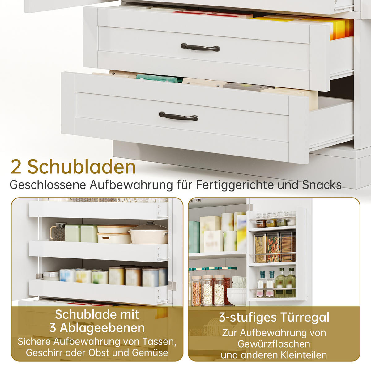 HIGHBOARD DE-38728 80/37,5/180 cm 3 Ausziehböden und 2 Schubladen Weiß - Weiß, Holzwerkstoff (80/180/37.5cm) - ComfortXL