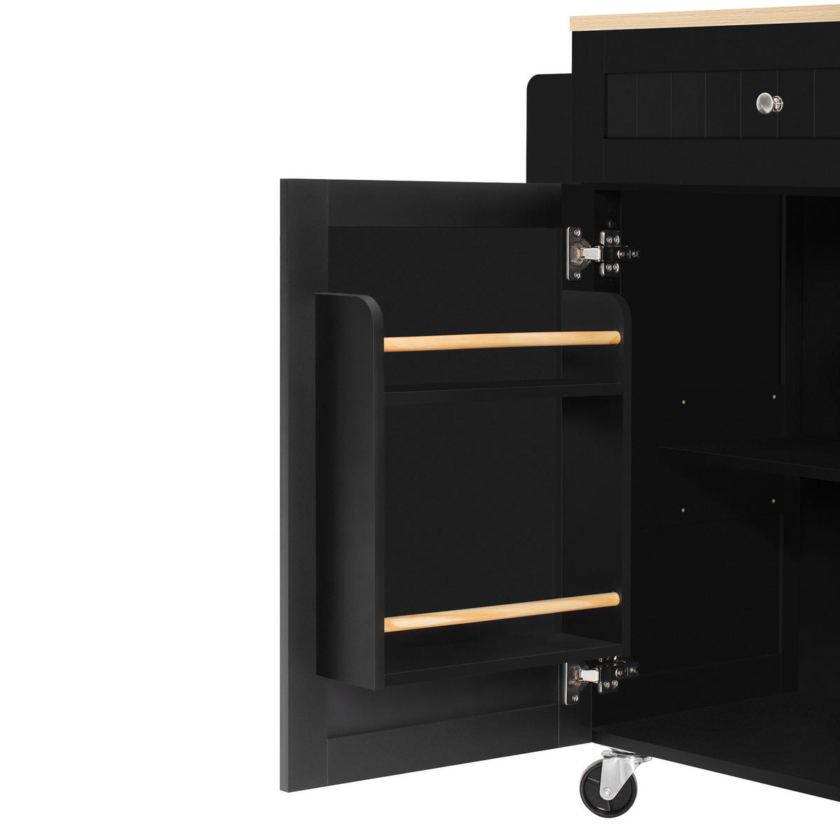KUCHYŇSKÝ ostrov z MDF 140x40-70x92 cm černý/přírodní s výsuvnou deskou, zásuvkami a kolečky - černá, kompozitní dřevo (140/92/70cm) - Modfu