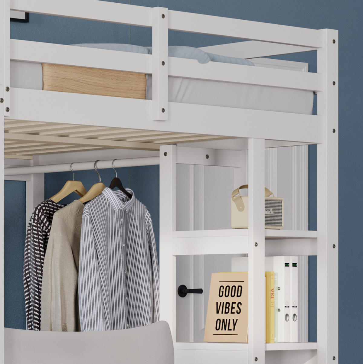 HOCHBETT 140/200 cm in Weiß – mit Schreibtisch, Regalen und Stauraum - Weiß, Holz (140/200cm) - BEAOK