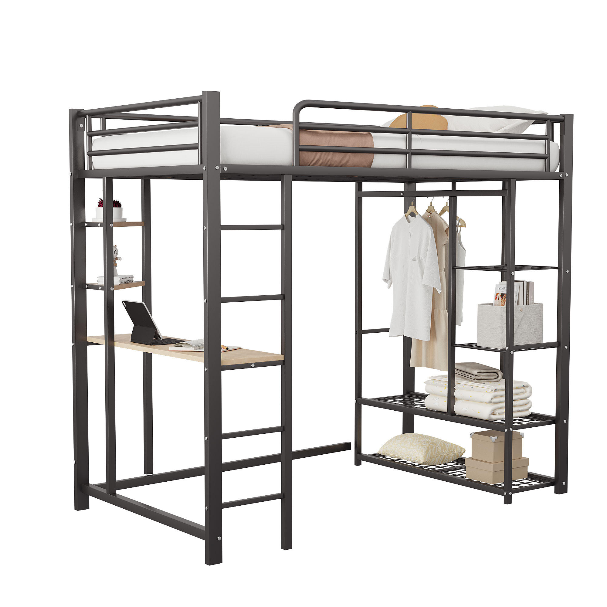 HOCHBETT mit Schreibtisch, Regalen und Stauraum - Schwarz, Holzwerkstoff/Metall - Urban Meuble