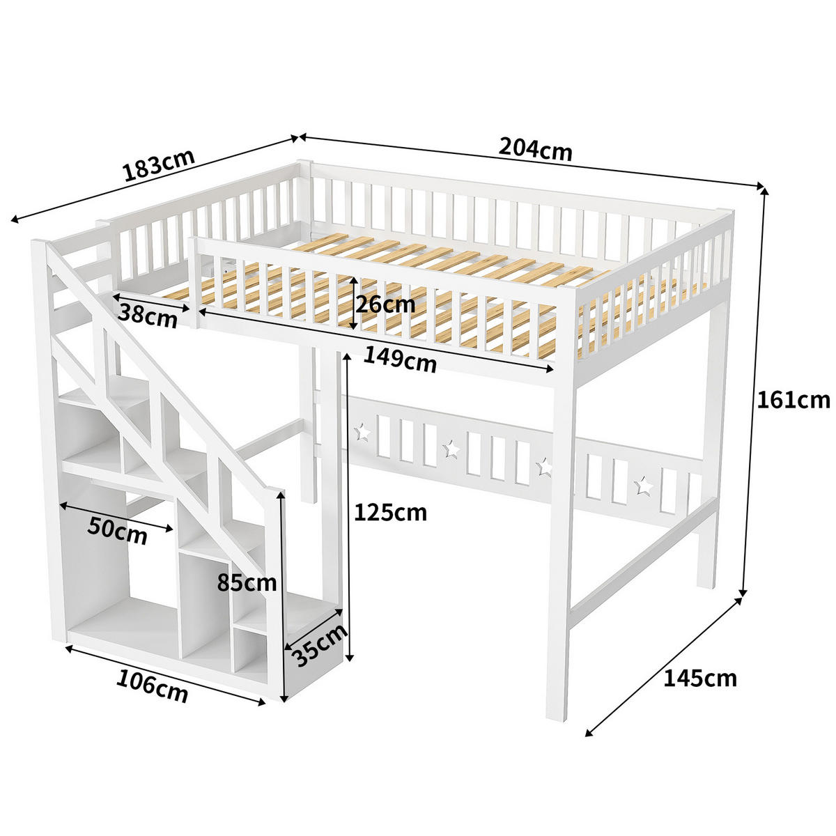 HOCHBETT Modern mit Stauraumtreppe & Kleiderstange 140/200 cm Kiefer-Massivholz Weiß - Weiß, Holz (140/200cm) - Creahappy