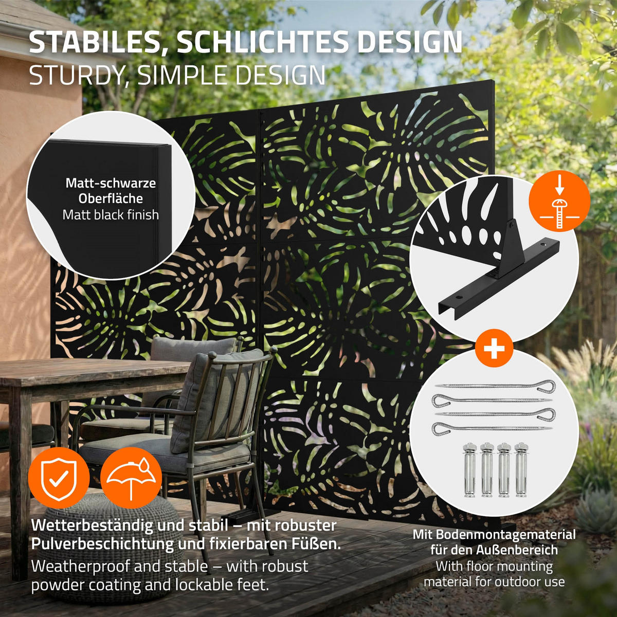 METALL-SICHTSCHUTZ Roma 120x180 cm Schwarz aus Stahl - Schwarz, Metall (120/183cm) - ML-DESIGN