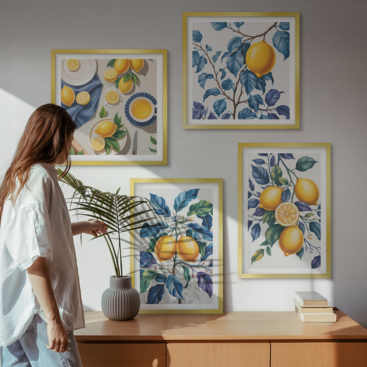 BILDER SET 4er Set - 50x50 cm & 40x60 cm Goldrahmen - Zitronenzweige mit blauen Blättern - Goldfarben, Kunststoff (50/50cm) - TULUP