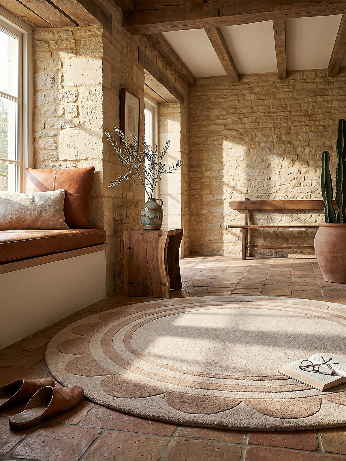 WOLLTEPPICH Grafisches Muster, Rahmen, Wohnzimmer schmutzabweisend Beige Rund 120x120 - Beige, Textil (120/120cm) - KADIMA DESIGN