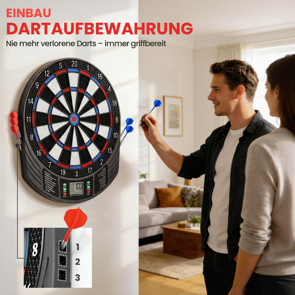 DARTBOARD DE-10843 mit LCD-Display für 1-8 Spieler Bunt - Multicolor, Kunststoff (41/47cm) - ComfortXL