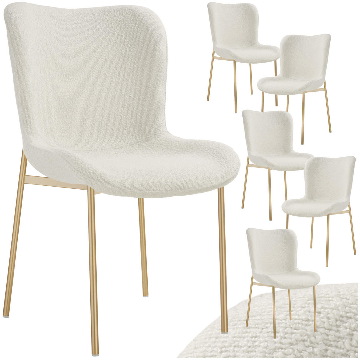 POLSTERSTUHL 6er Set Tessa 54 x 62 x 90 cm Bouclé weiß/gold - Goldfarben/Weiß, Kunststoff (54/90/62cm) - tectake
