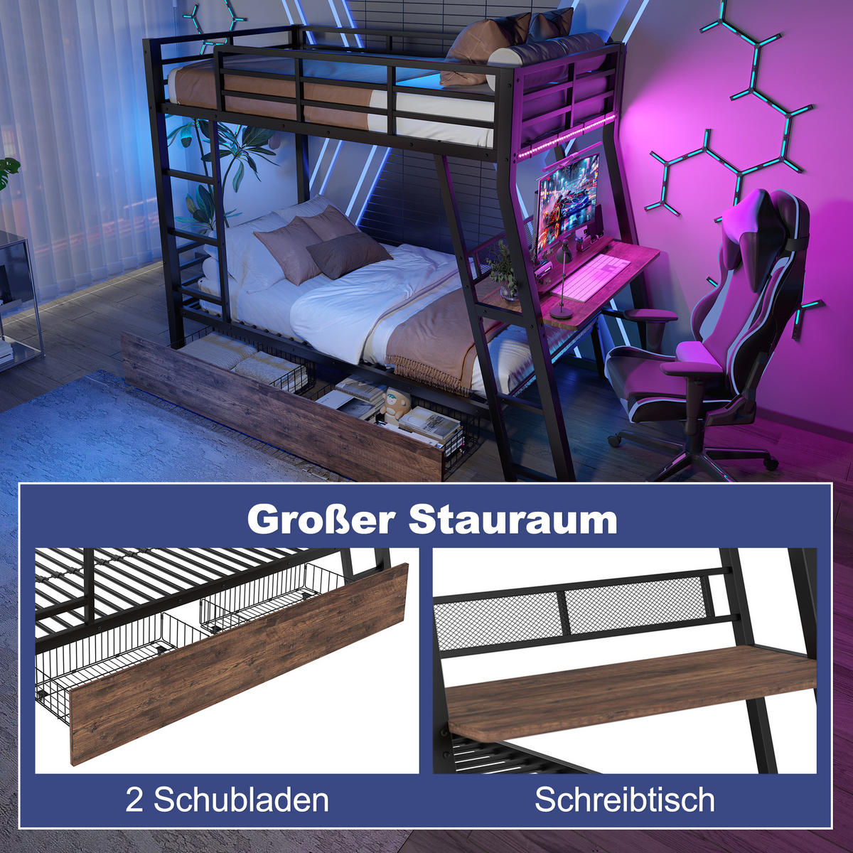 HOCHBETT 90x200cm Schwarz Metall LED-Leiste Schubladen Schreibtisch - Schwarz, Metall (90/200cm) - FLIEKS
