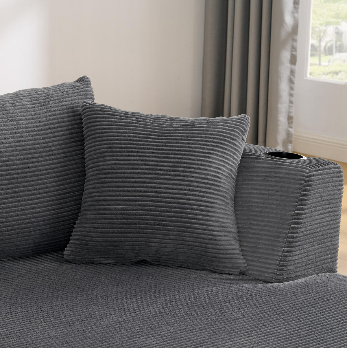 3-SITZER Sofa mit Getränkehaltern, Kissen und weichem Kordstoff, Grau - Grau, Kunststoff (264/76/168cm) - Redom