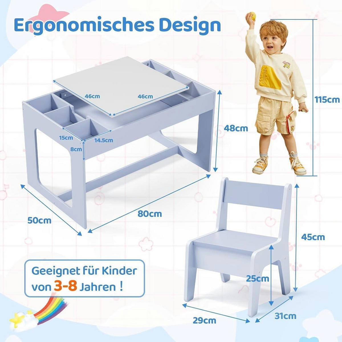 KINDERTISCH mit 2 Stühlen 3-teiliges Set Blau - Hellblau, Holzwerkstoff (48/48/80cm)