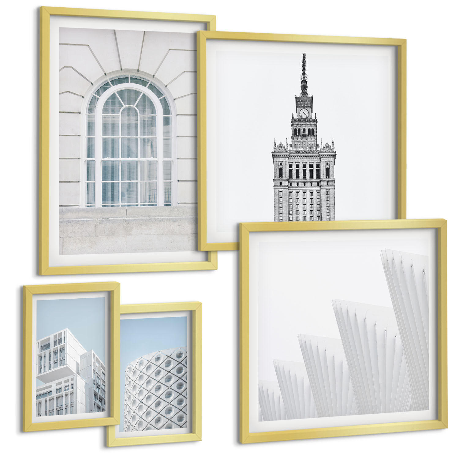 BILDER SET 5er Set - 50x50 cm & 20x30 cm & 40x60 cm Goldrahmen - Moderne Architekturgeometrie - Goldfarben, Kunststoff (40/60cm) - TULUP