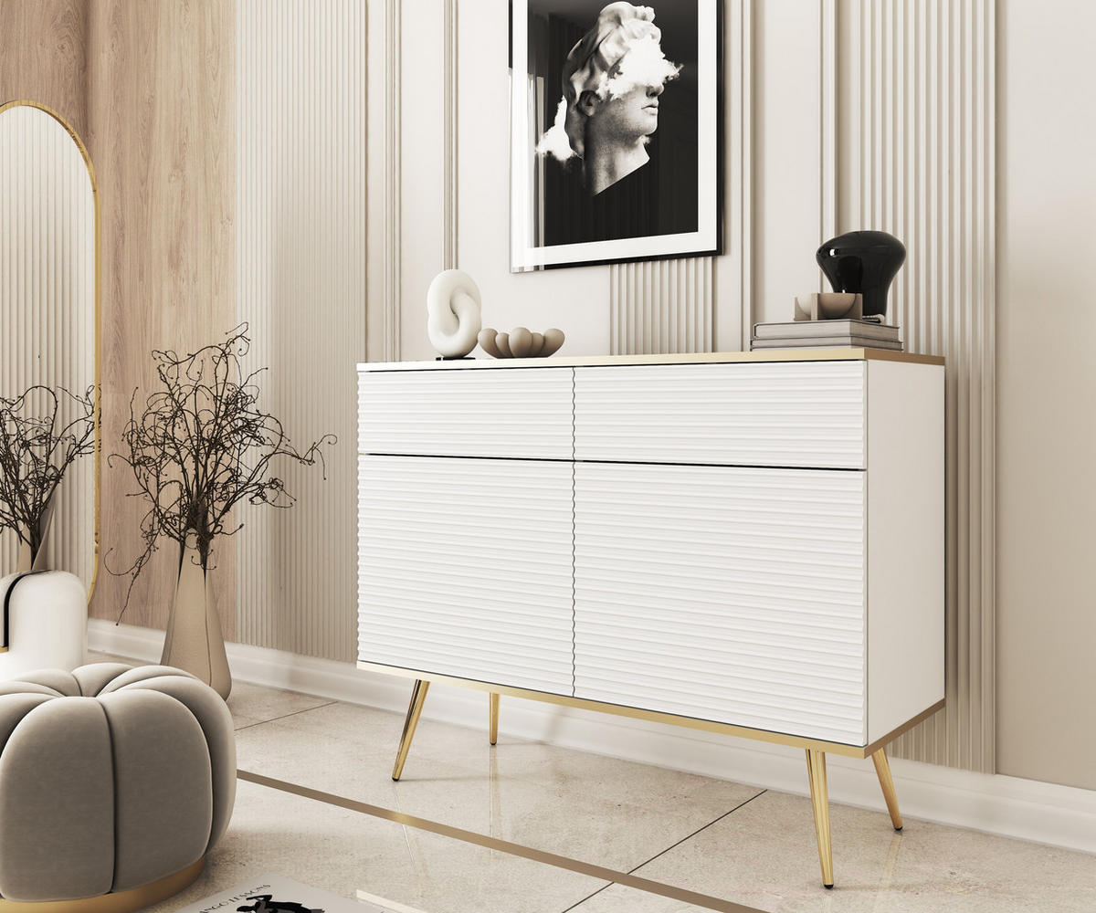 SIDEBOARD BANFF KOM3-2D2S Goldene Metallbeine, geriffelte Fronten, Weiß - Weiß, Holzwerkstoff/Kunststoff (107/85/39cm) - Komodee