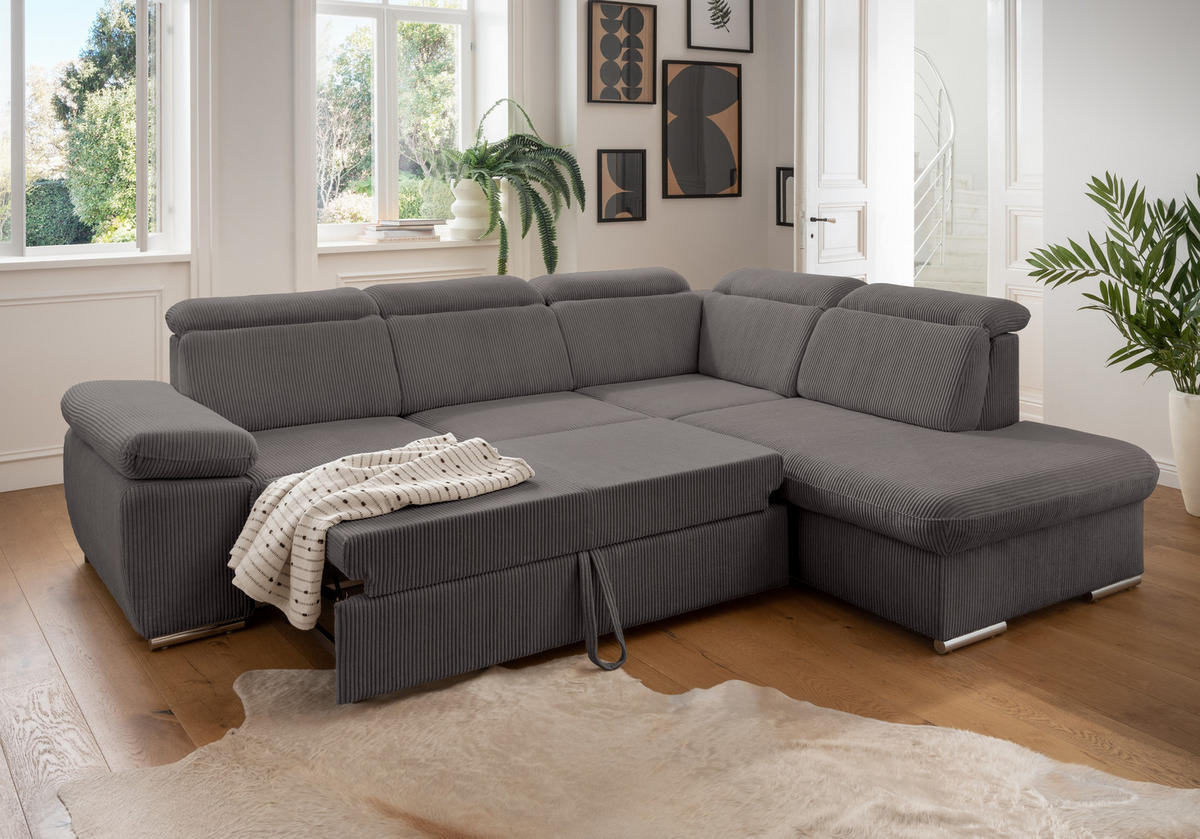 ECKSOFA mit Schlaffunktion, Bettkasten, Kopfstützen verstellbar, Wellenunterfederung, Ottomane rechts B283/T228/H102 cm, Cord Grau Anthrazit / 17217 - Chromfarben/Schieferfarben, Textil/Metall (283/228cm) - luma-home