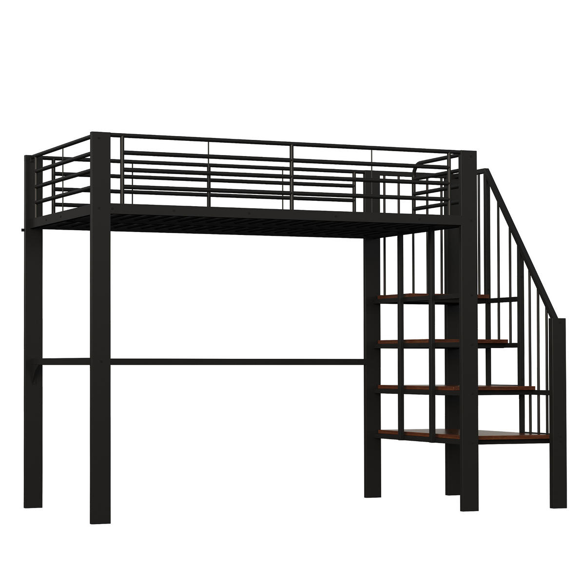 VYSOKÁ postel 251,5/95/169 cm černá s úložným prostorem a schody z kovu a dřeva - černá, kov (90/200cm) - OKWISH