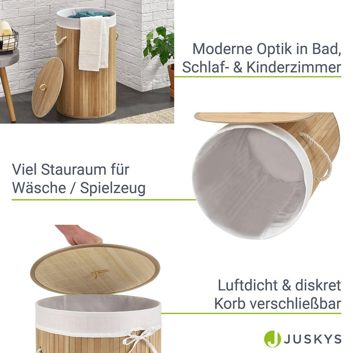 WÄSCHEKORB Curly-Round 55 L natur - Naturfarben, Holz (35/60/35cm) - Juskys