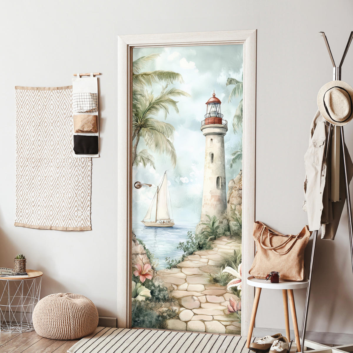 FOTOTAPETE Tür - Leuchtturm - Natur - Landschaft - Boot 75x205 cm - Eichefarben, Kunststoff (75/0.1cm) - MuchoWow