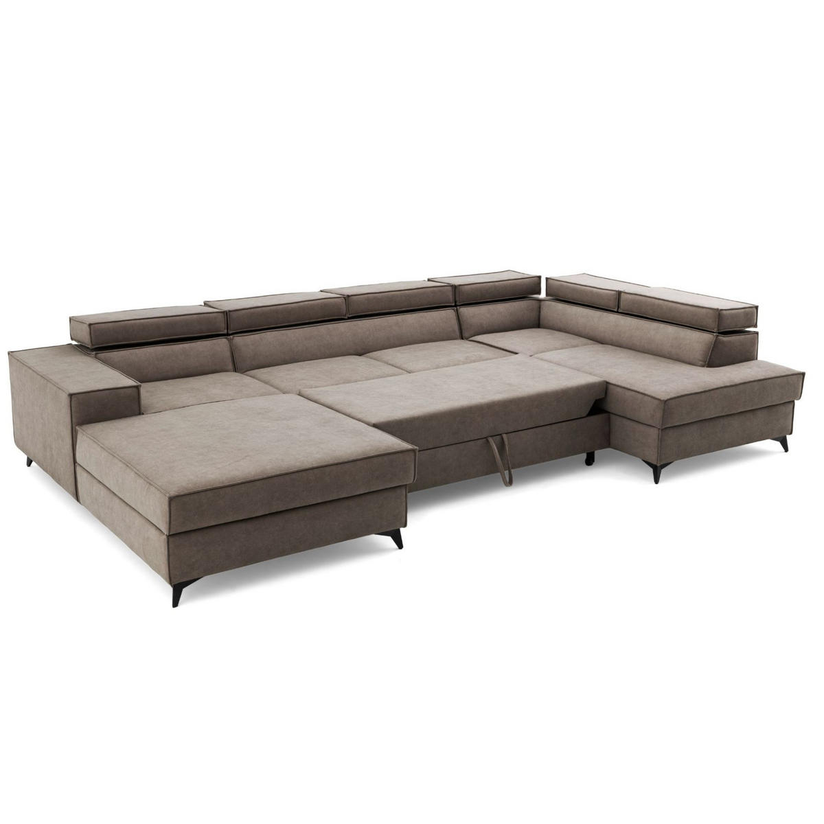ECKSOFA PURE U Rechts mit Schlaffunktion 127x270 Velours Beige - Beige/Schwarz, Holz/Textil (204/340cm) - Muffo