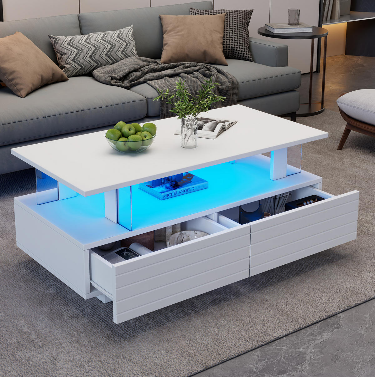 COUCHTISCH, weißes Acryl mit LED (App & Fernbedienung), 2 Schubladen, offenes Fach, 100/50/42 cm,weiß - Weiß, Kunststoff (100/50/42cm) - Redom