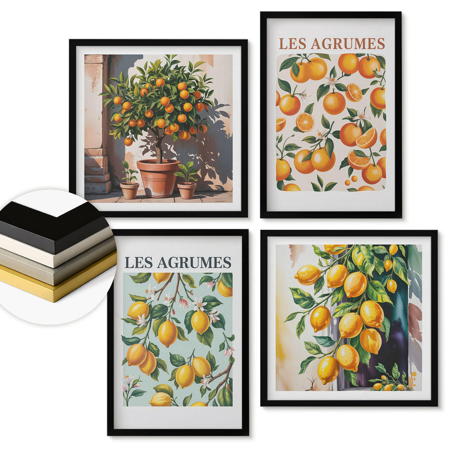 WANDBILDER 4er-Set - 50x50 cm & 40x60 cm Schwarzer Rahmen - Fruchtige Zitrusmuster - Schwarz, Kunststoff (50/50cm) - ArtPrintCave