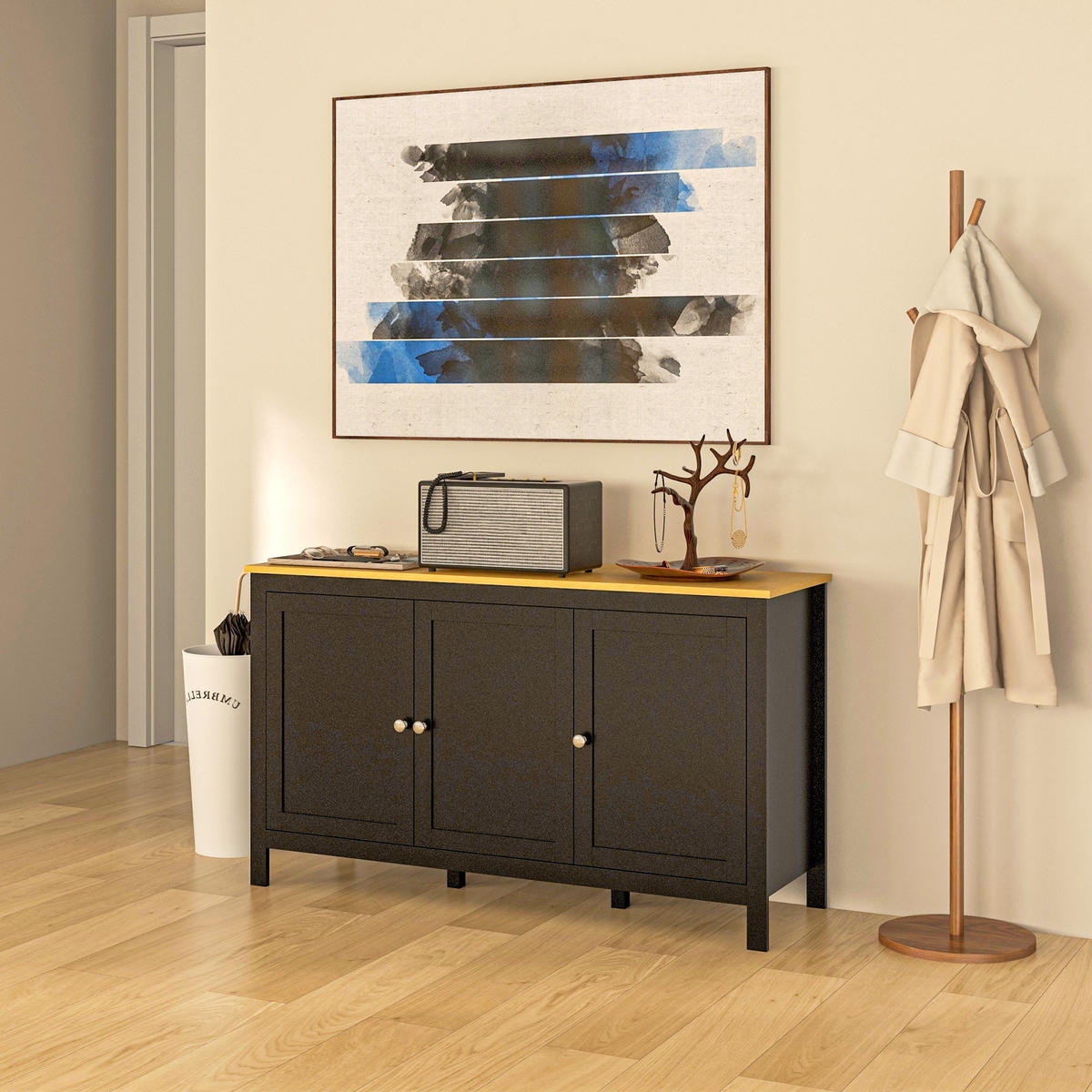 SIDEBOARD DE-11268 3 Türen & 2 verstellbare Böden Schwarz - Schwarz, Holzwerkstoff (120/70/40cm) - ComfortXL