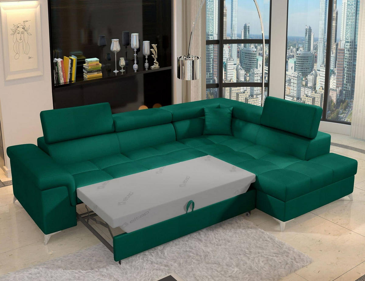 ECKSOFA mit Schlaffunktion und Bettkasten, pflegeleichter Monolith-Stoff - Chromfarben/Dunkelgrün, Textil/Metall (202/275cm) - Eltap