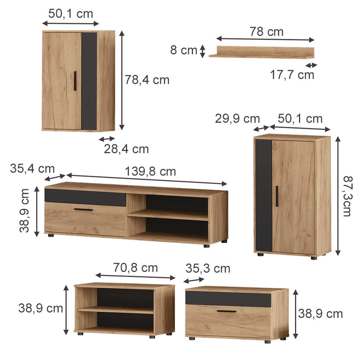 NÁSTENNÁ SKRINKA Berno, Dub Goldkraft/antracitová, 6-dielna sada - dub medový/antracitová, kompozitné drevo (140/38.7/35.2cm) - Vicco