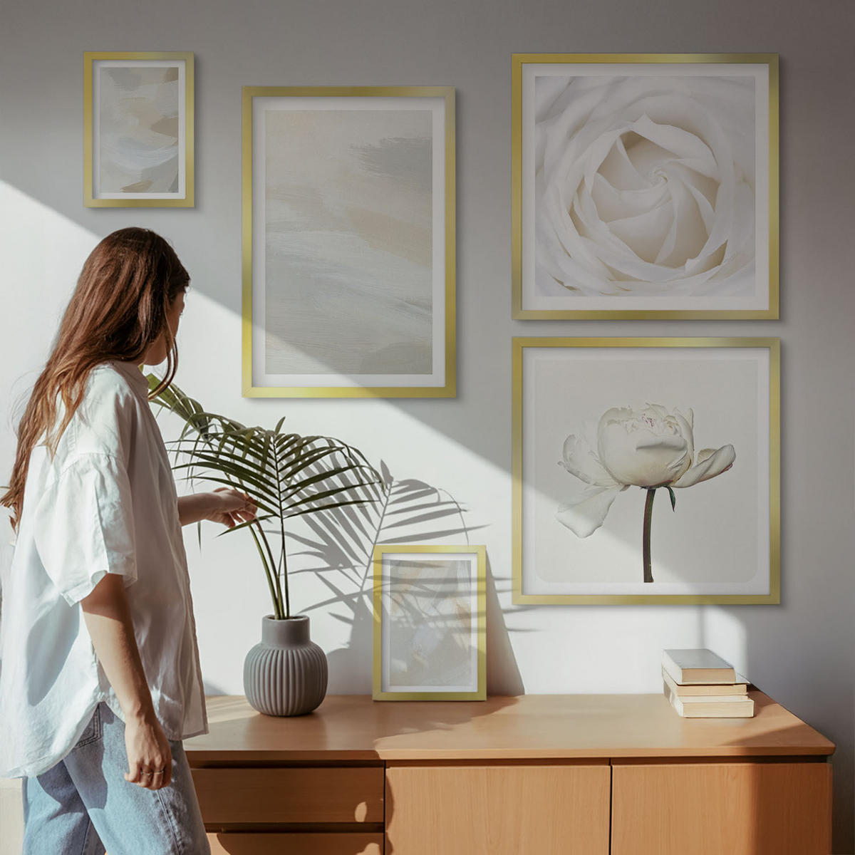 BILDER SET 5er Set - 50x50 cm & 20x30 cm & 40x60 cm Goldrahmen - Abstrakter Hintergrund mit feinen Strichen - Goldfarben, Kunststoff (40/60cm) - TULUP