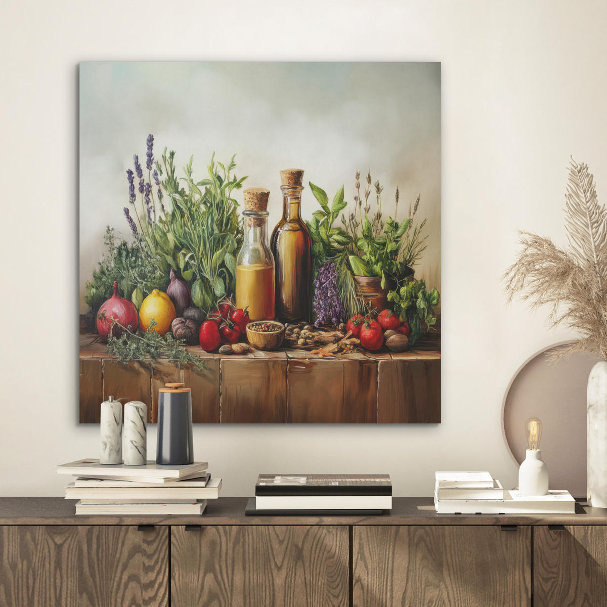 AKUSTIKBILD Stilleben - Kräuter - Gewürze - Früchte - Farbenfroh Wandbilder 60x60 cm - Grün, Kunststoff (60/60/0.9cm) - MuchoWow