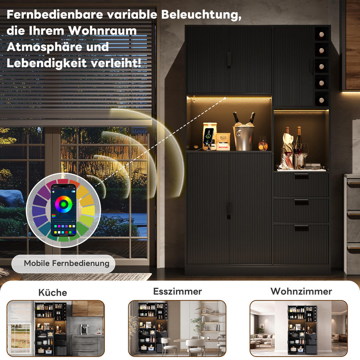 BUFFET 105/40/180 cm Schwarz mit 3 Schubladen, Weinregal und farbwechselnder LED-Beleuchtung - Schwarz, Holz (105/180/40cm) - Oxeza