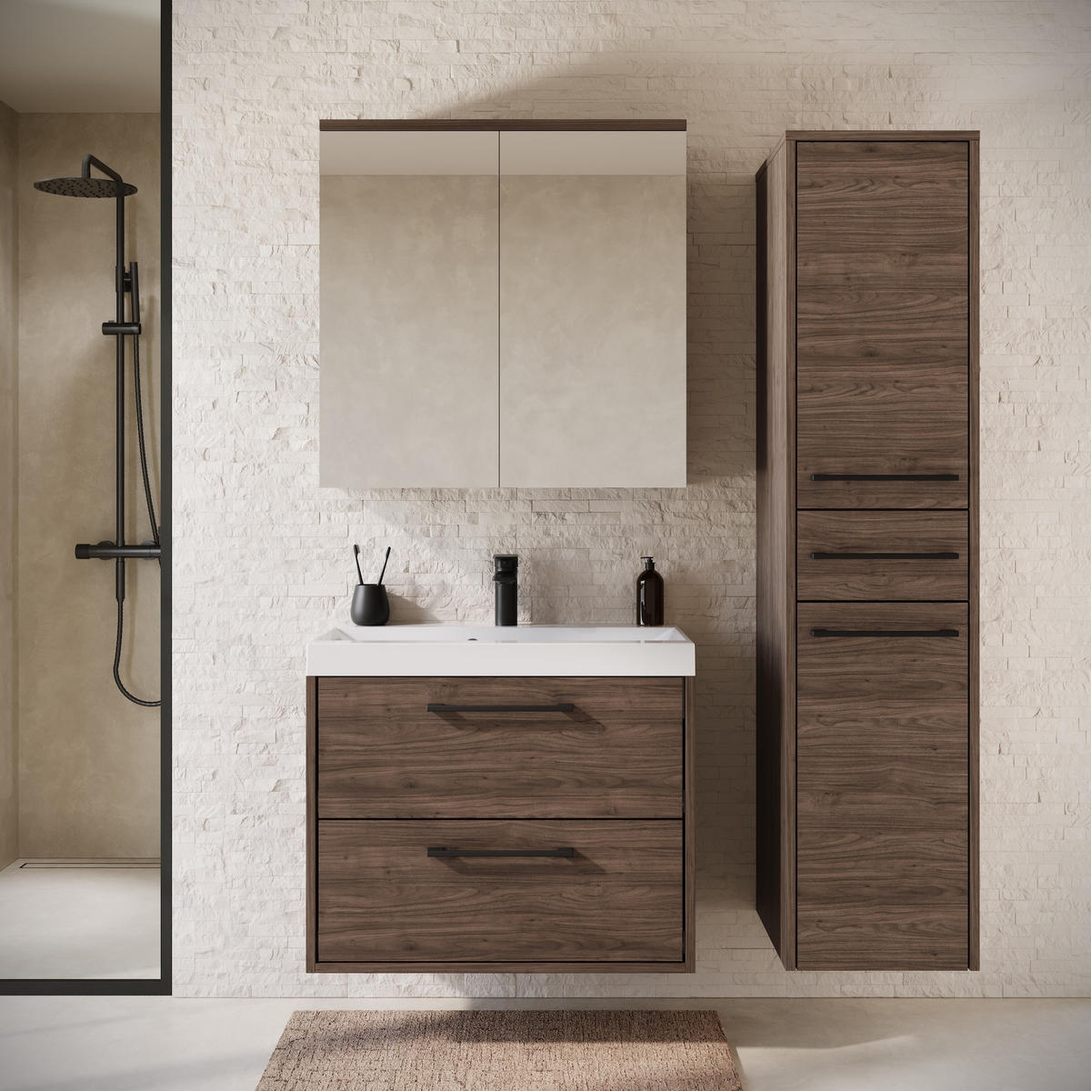 BADMÖBEL-SET Florence 4 Teile Walnuss Braun - 60 x 35 x 51 cm - Eichefarben, Holz (60/51/35cm) - Badplaats