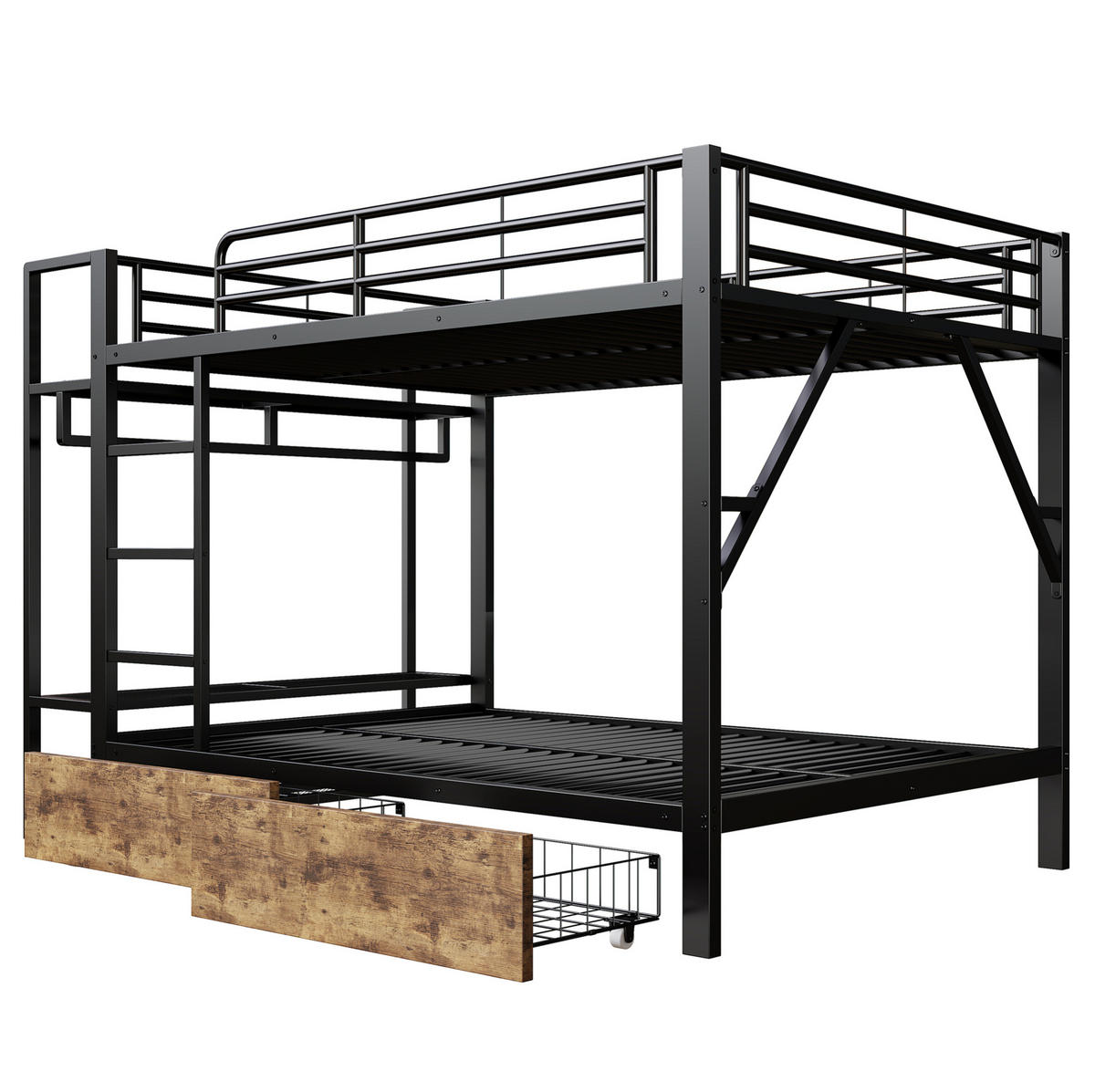 ETAGENBETT aus Metall und MDF 140x200 cm Schwarz mit LED-Lichtleiste, 2 Schubladen, Regalen und Kleiderstange - Schwarz, Metall (140/200cm) - Modfu