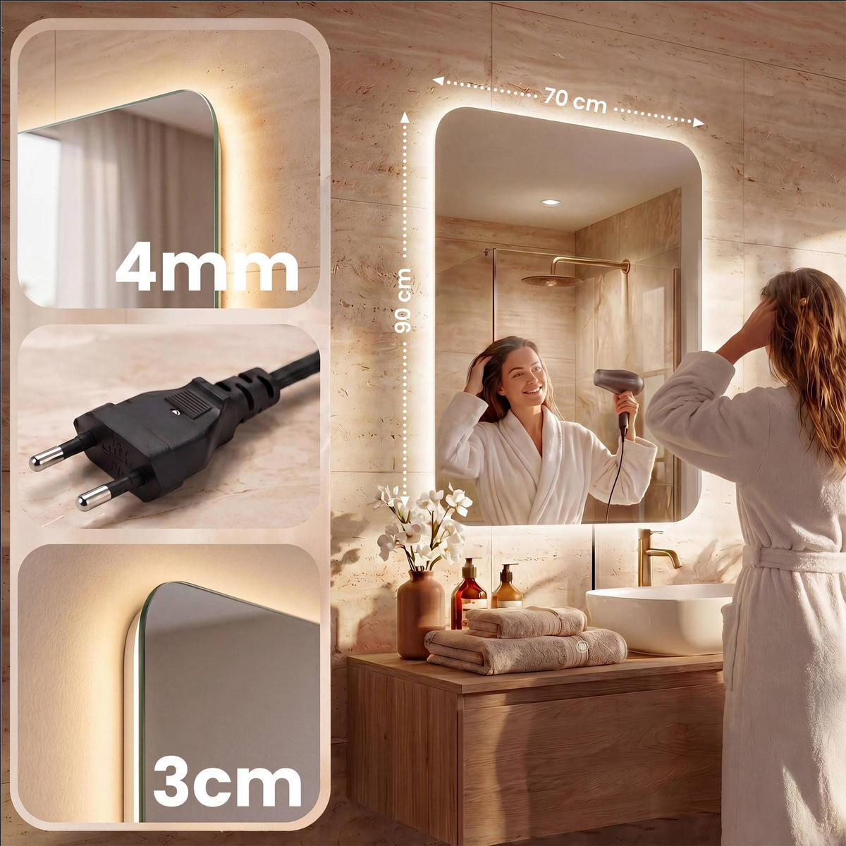 BADEZIMMERSPIEGEL eckig 70/3/90 cm Glas Klarglas - Klar, Glas (70/90/3cm) - CLP